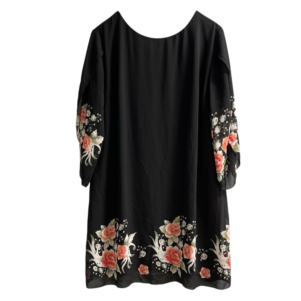 Womens Dress 3X Black Sheer Chiffon Overlay Midi Floral Flutter Sleeve Event